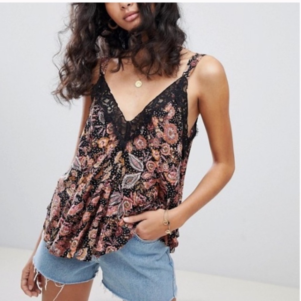 Free People Infinite Love‎ Camisole Black Pink Lace Trim XS